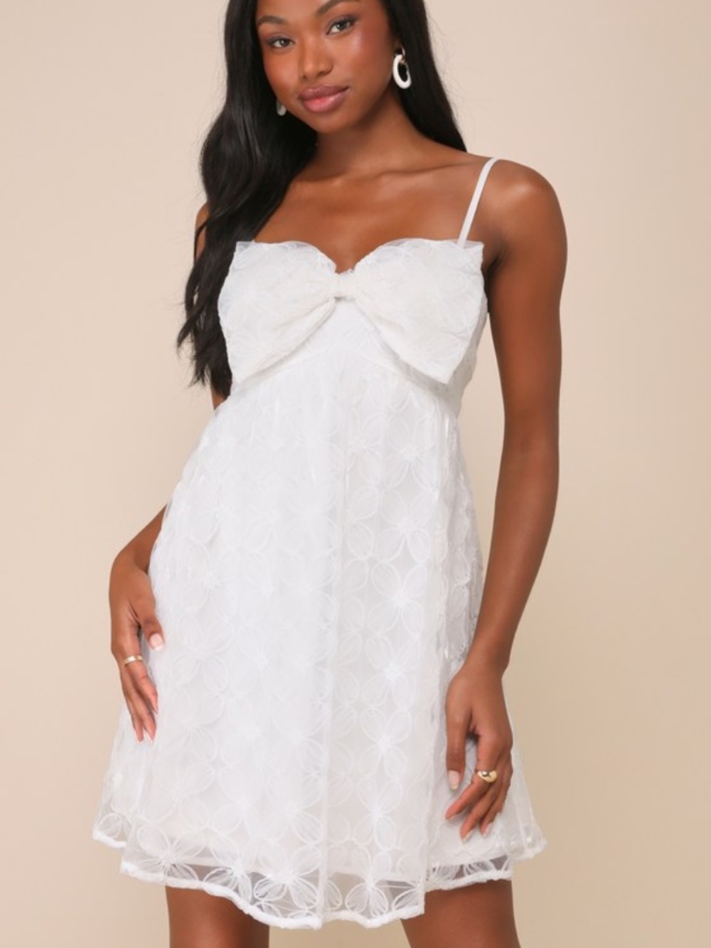 Lulus Charming Intent White Mesh Floral Applique Bow Mini Dress - Size L